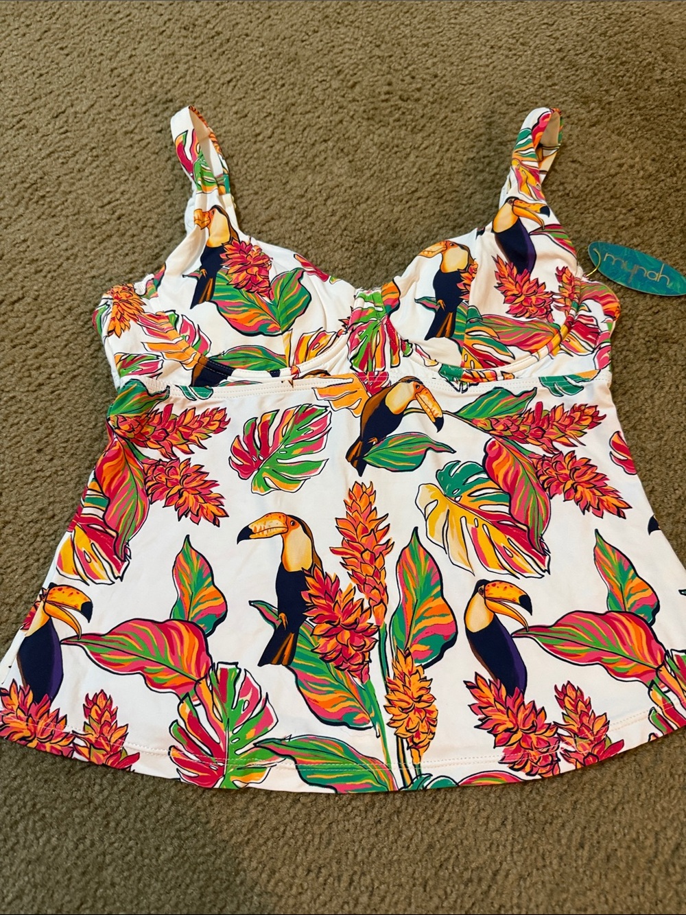 White Tropical Toucan tankini swim top size large